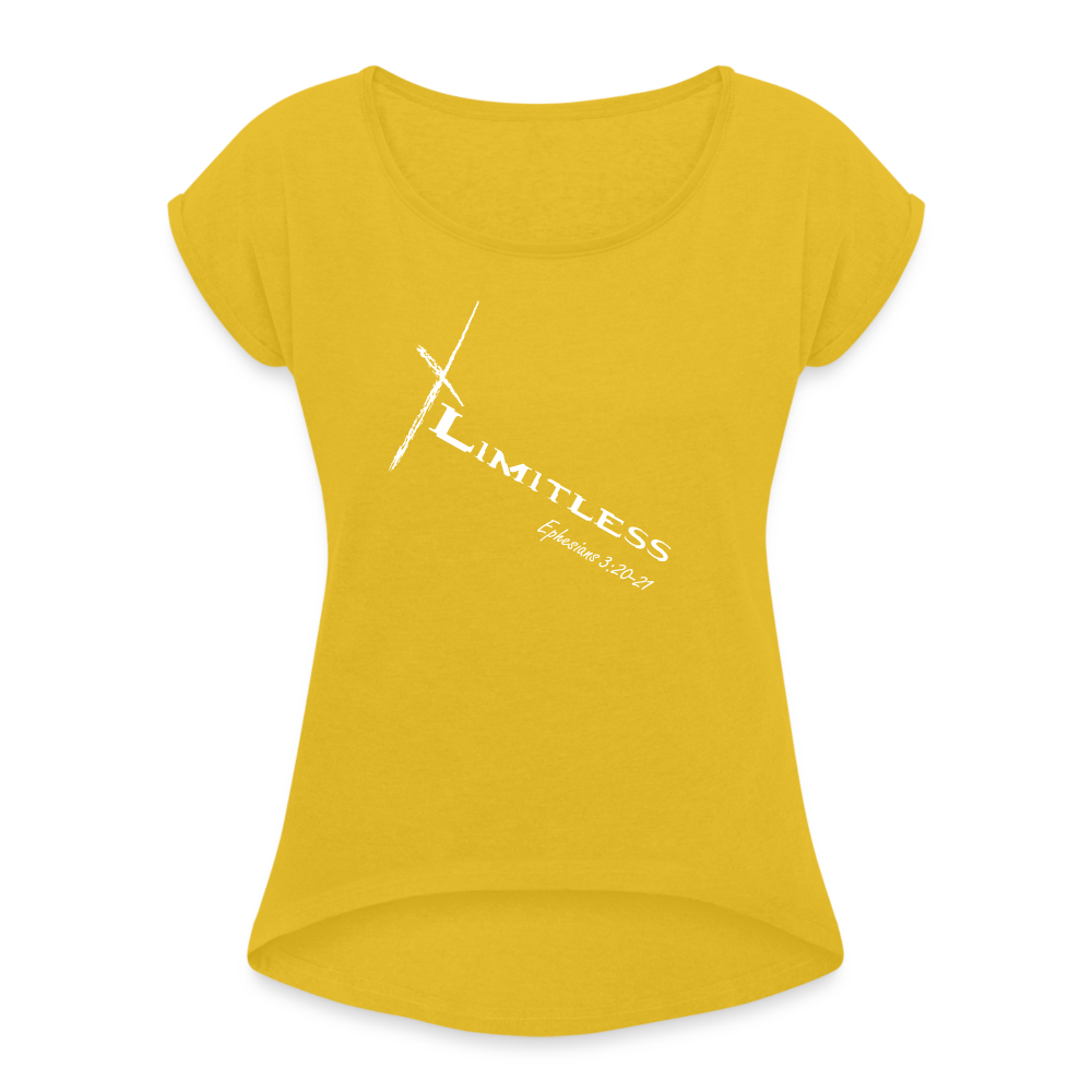 Limitless Women's Roll Cuff T-Shirt - Custom White Design - mustard yellow